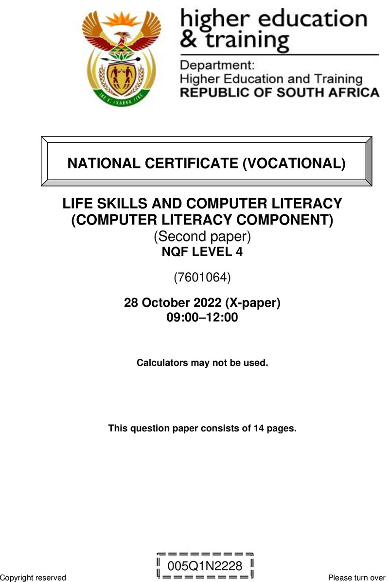 Computer Literacy Level 4 DHET NCV October 2022 Paper X - Question Paper