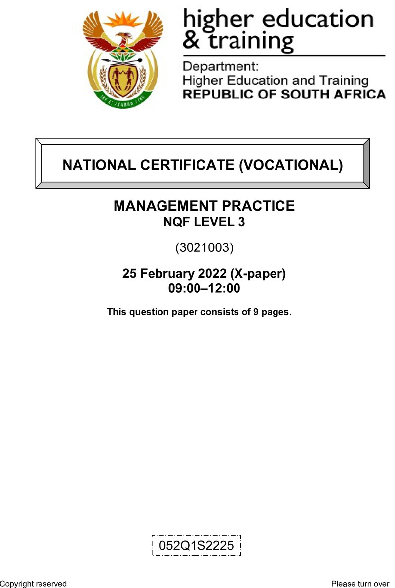 Management Practice Level 3 DHET NCV February 2022 Paper X - Question Paper