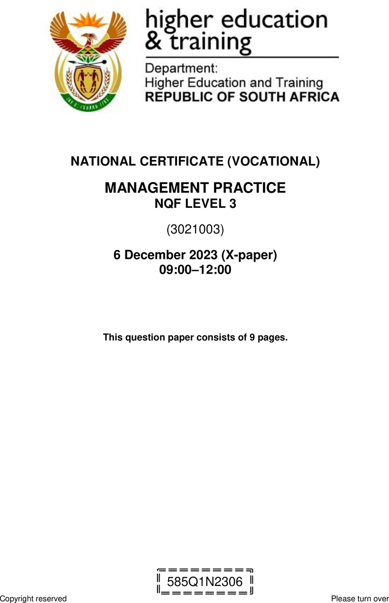 Management Practice Level 3 DHET NCV December 2023 Paper X - Question Paper