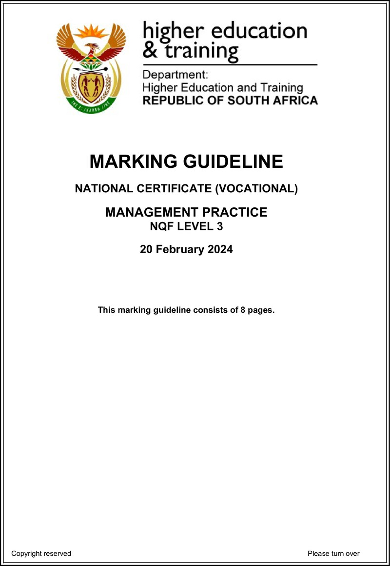 Management Practice Level 3 DHET NCV 2024 - Memo