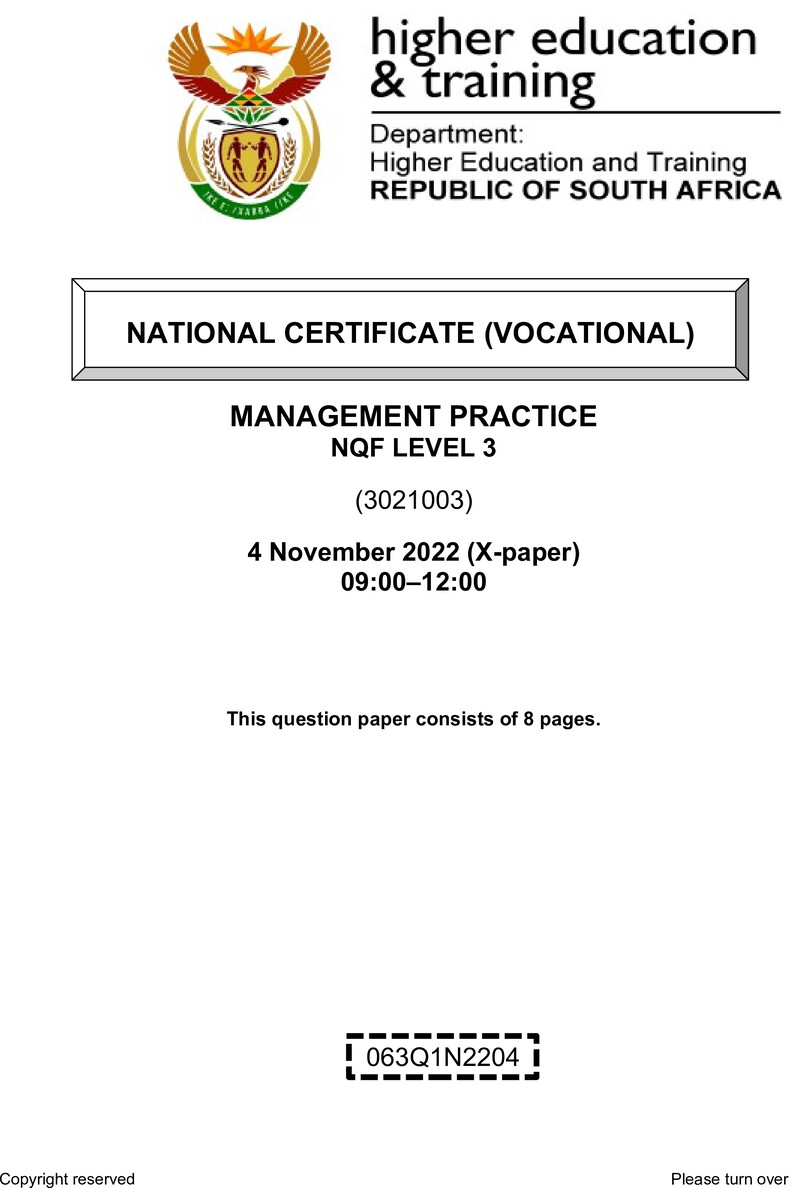 Management Practice Level 3 DHET NCV November 2022 Paper X - Question Paper
