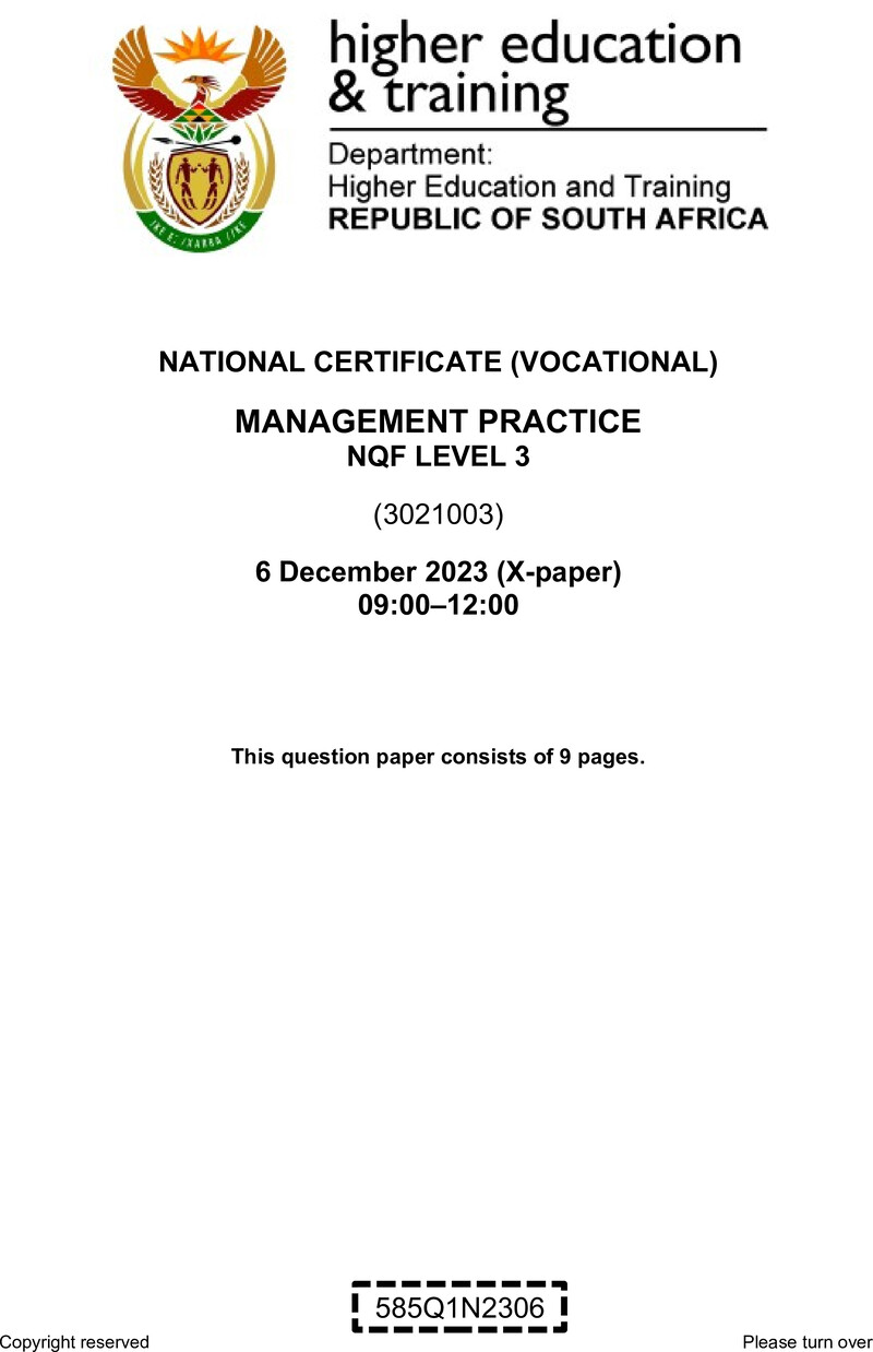Management Practice Level 3 DHET NCV December 2023 Paper X - Question Paper