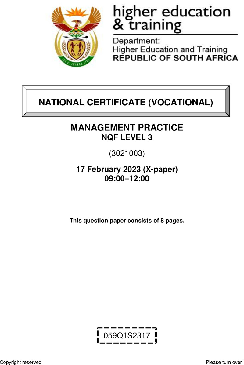 Management Practice Level 3 DHET NCV February 2023 Paper X - Question Paper