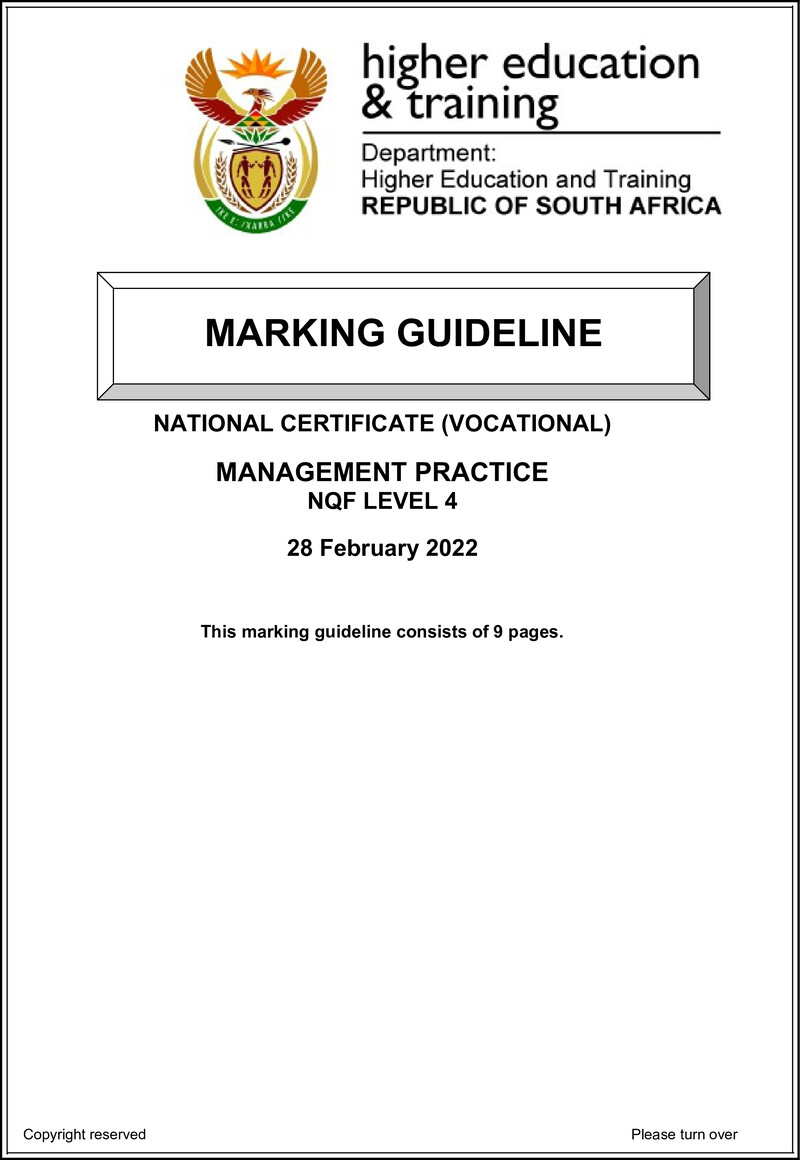 Management Practice Level 4 DHET NCV 2022 - Memo