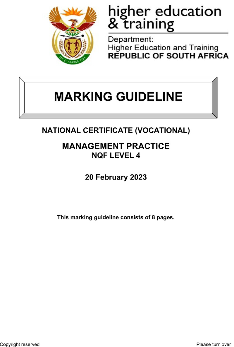 Management Practice Level 4 DHET NCV 2023 - Memo