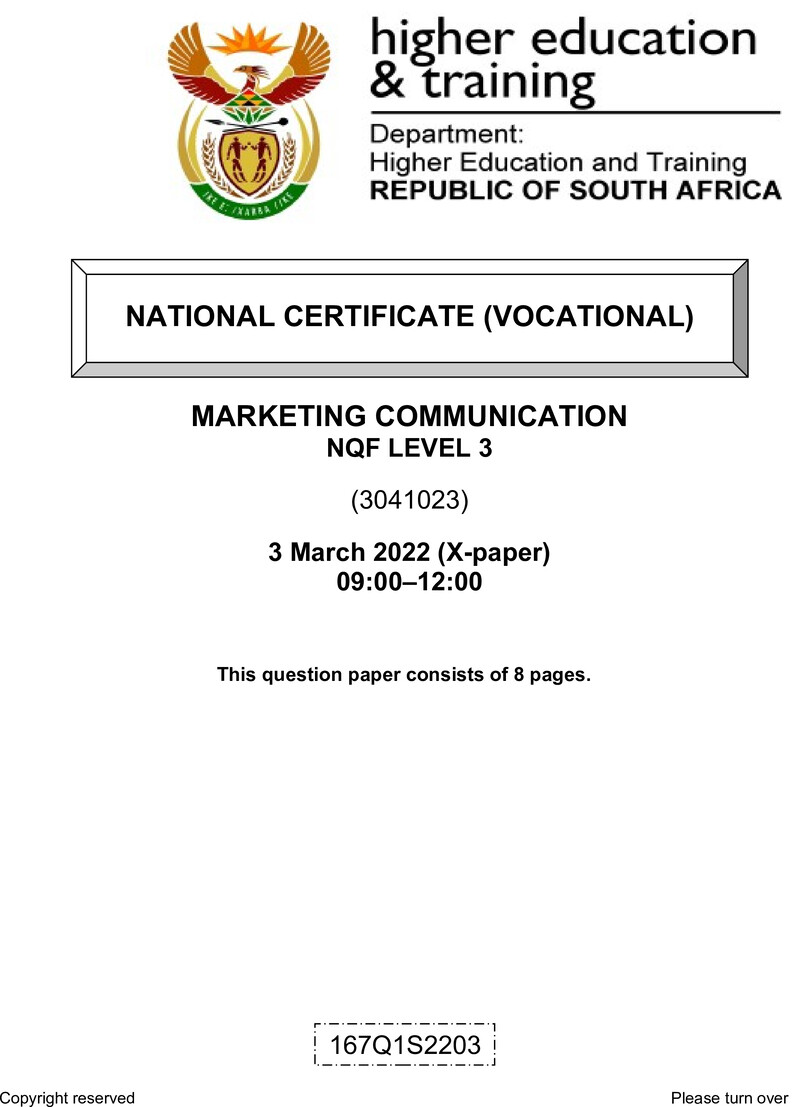 Marketing Communications Level 3 DHET NCV March 2022 Paper X - Question Paper