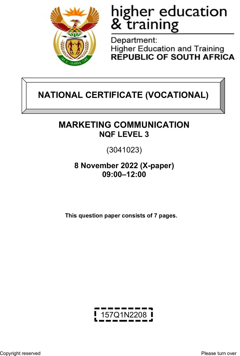 Marketing Communications Level 3 DHET NCV November 2022 Paper X - Question Paper