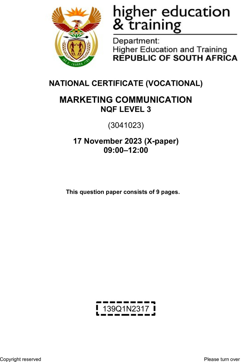 Marketing Communications Level 3 DHET NCV November 2023 Paper X - Question Paper