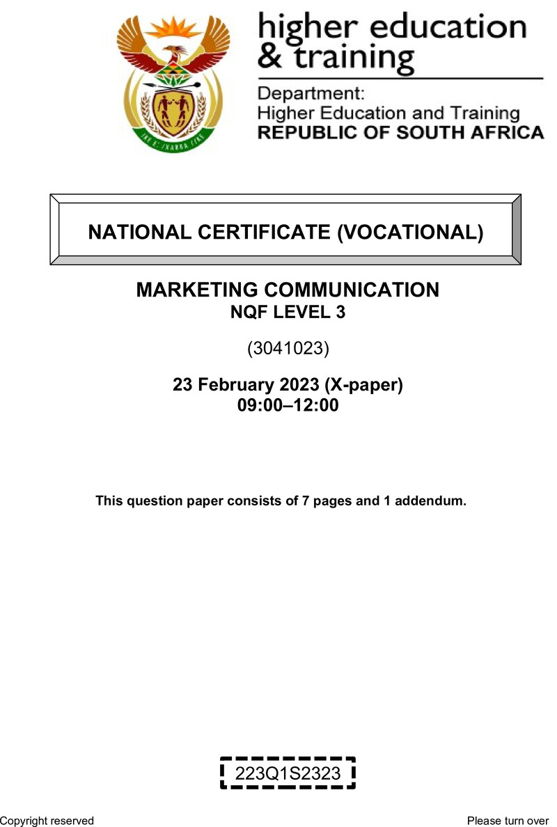 Marketing Communications Level 3 DHET NCV 2023 Paper X - Question Paper