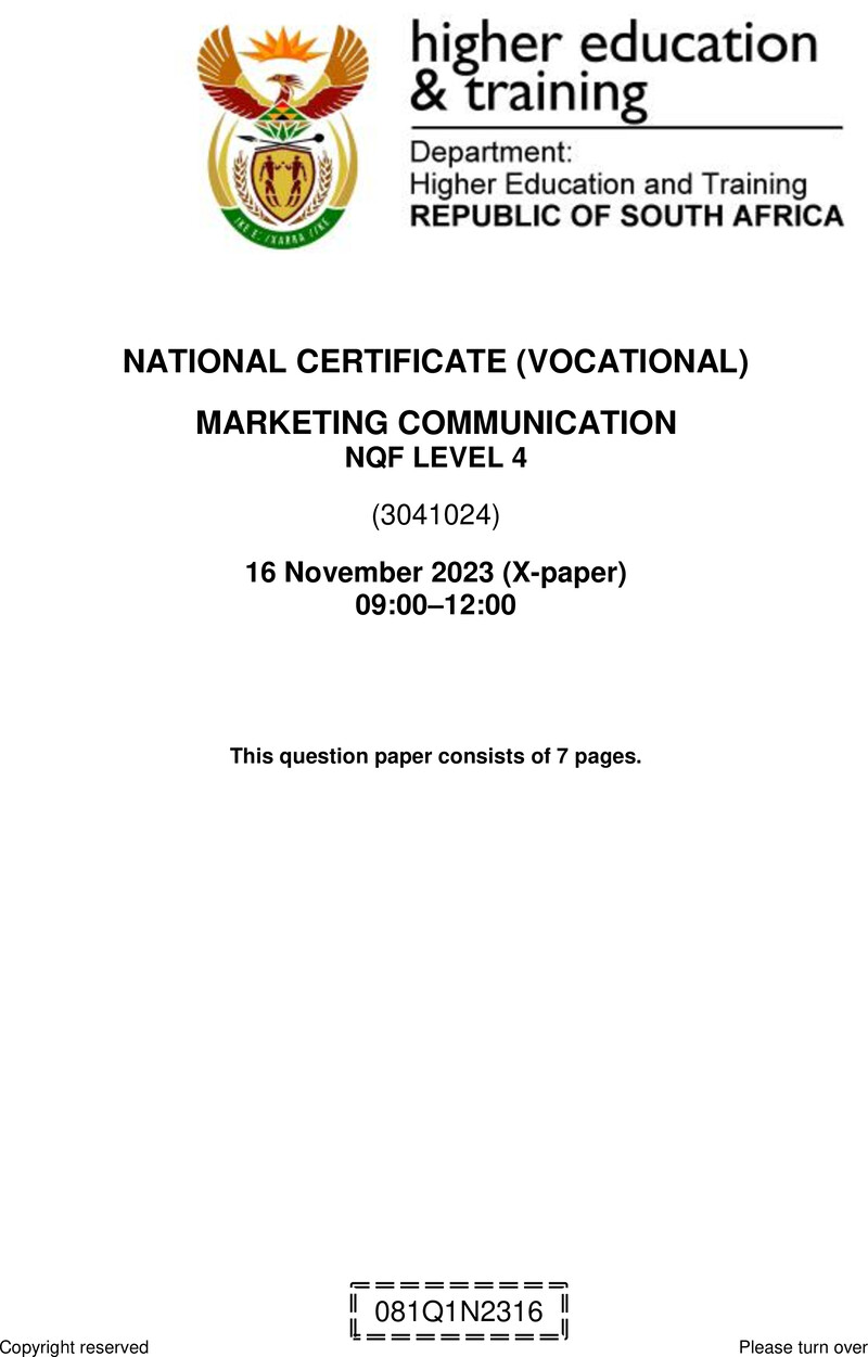 Marketing Communications Level 4 DHET NCV November 2023 Paper X - Question Paper