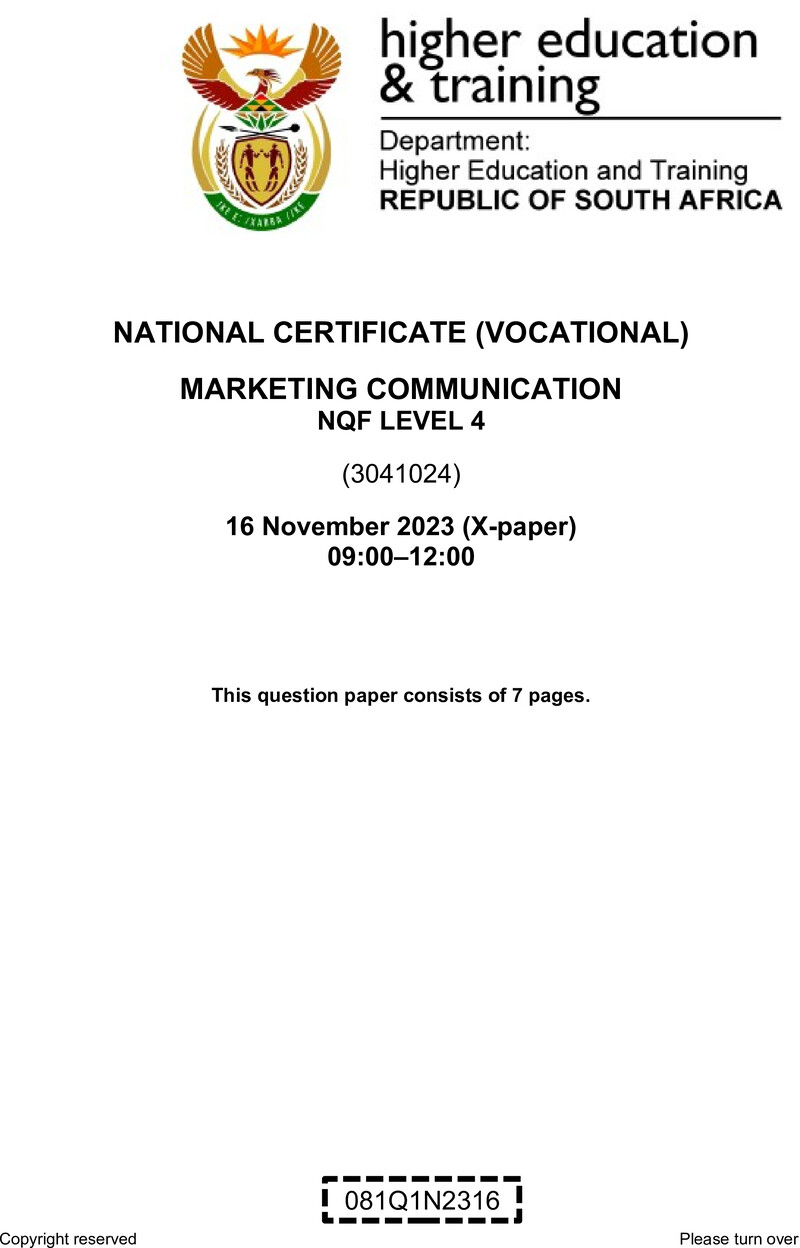 Marketing Communications Level 4 DHET NCV 2023 Paper X - Question Paper