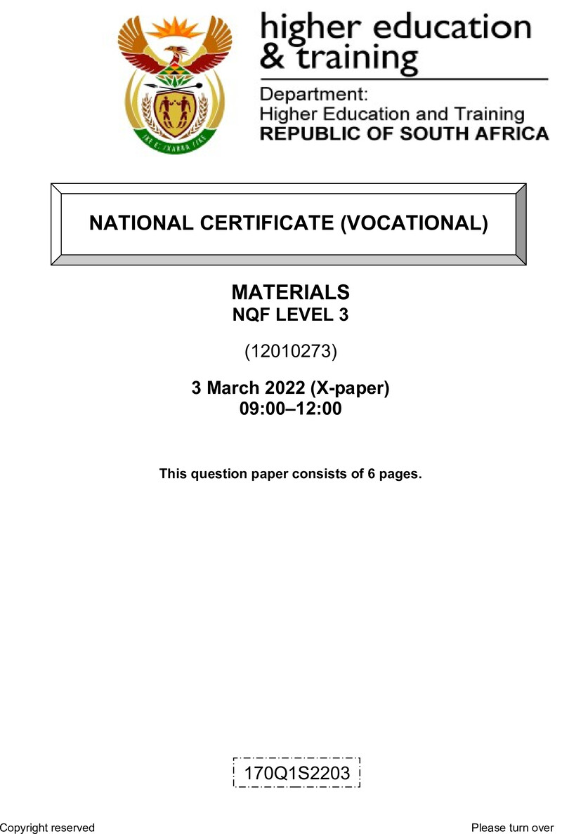 Materials Level 3 DHET NCV March 2022 Paper X - Question Paper