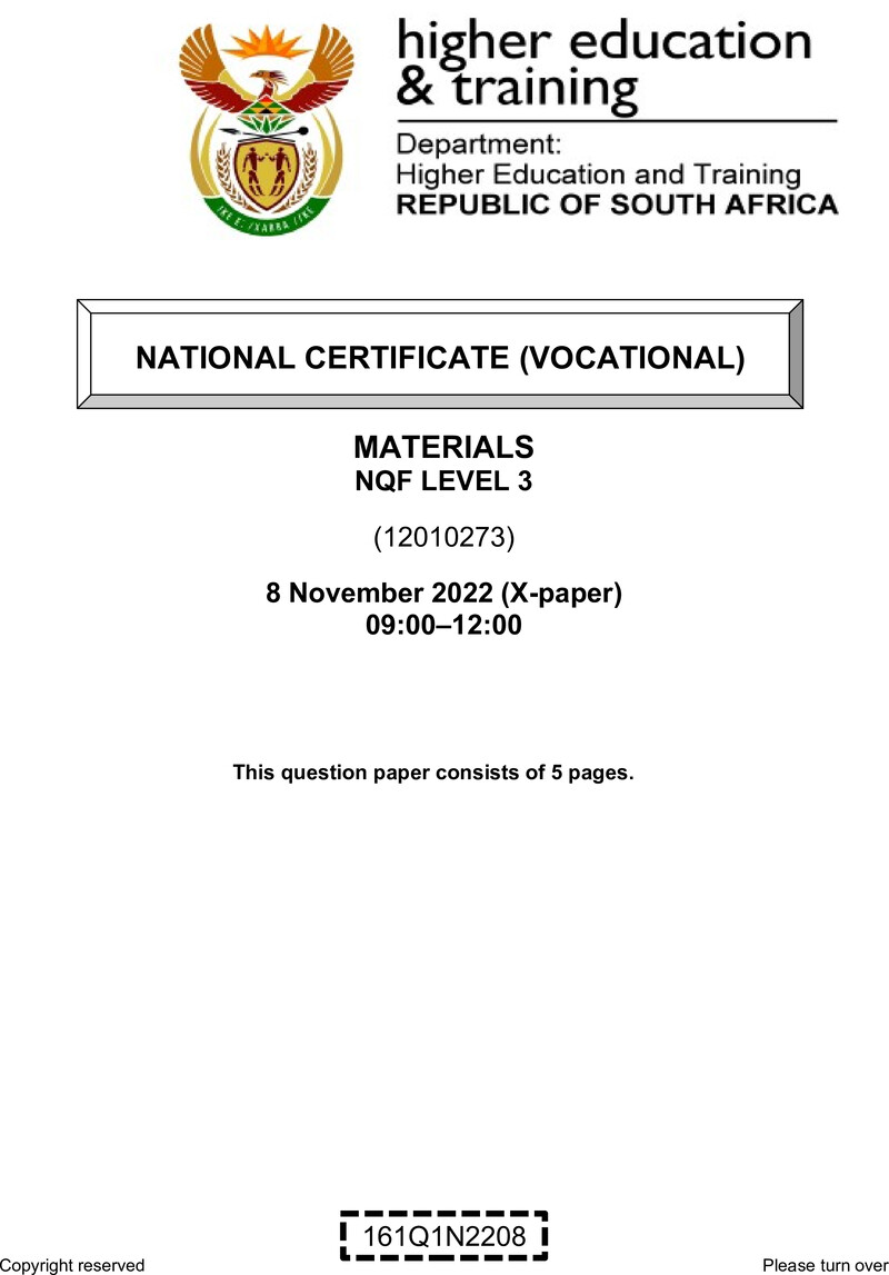 Materials Level 3 DHET NCV November 2022 Paper X - Question Paper