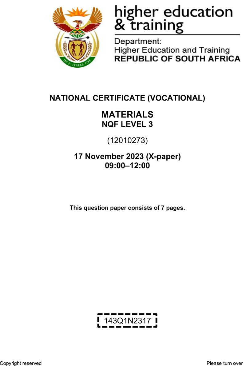 Materials Level 3 DHET NCV November 2023 Paper X - Question Paper