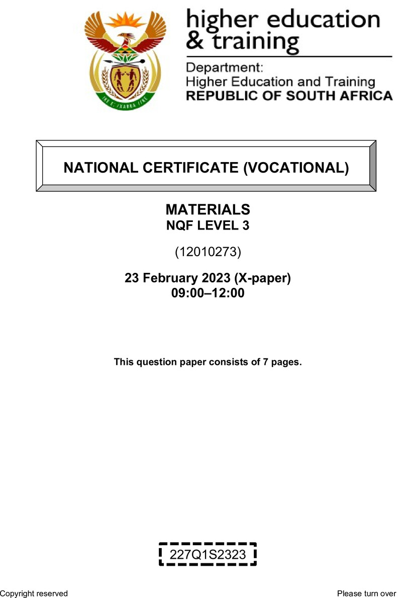 Materials Level 3 DHET NCV February 2023 Paper X - Question Paper