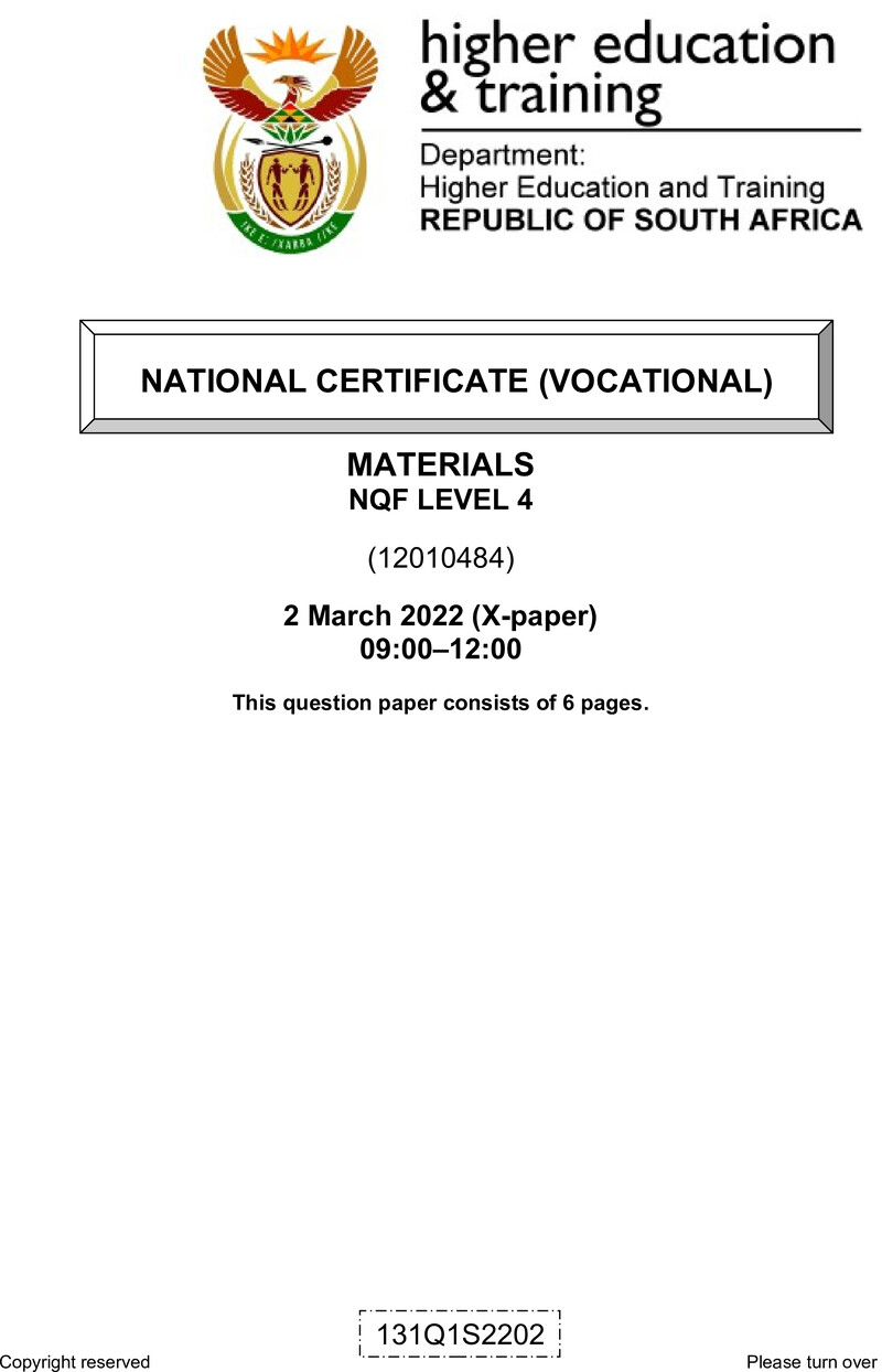 Materials Level 4 DHET NCV March 2022 Paper X - Question Paper