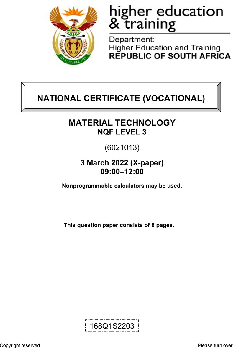 Material Technology Level 3 DHET NCV March 2022 Paper X - Question Paper