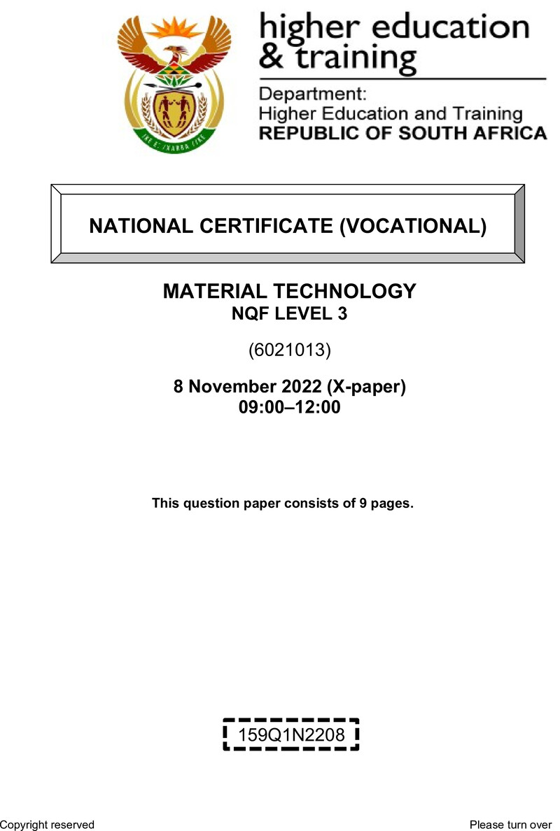 Material Technology Level 3 DHET NCV November 2022 Paper X - Question Paper