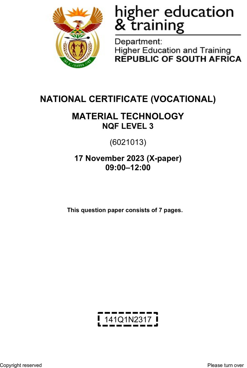 Material Technology Level 3 DHET NCV November 2023 Paper X - Question Paper