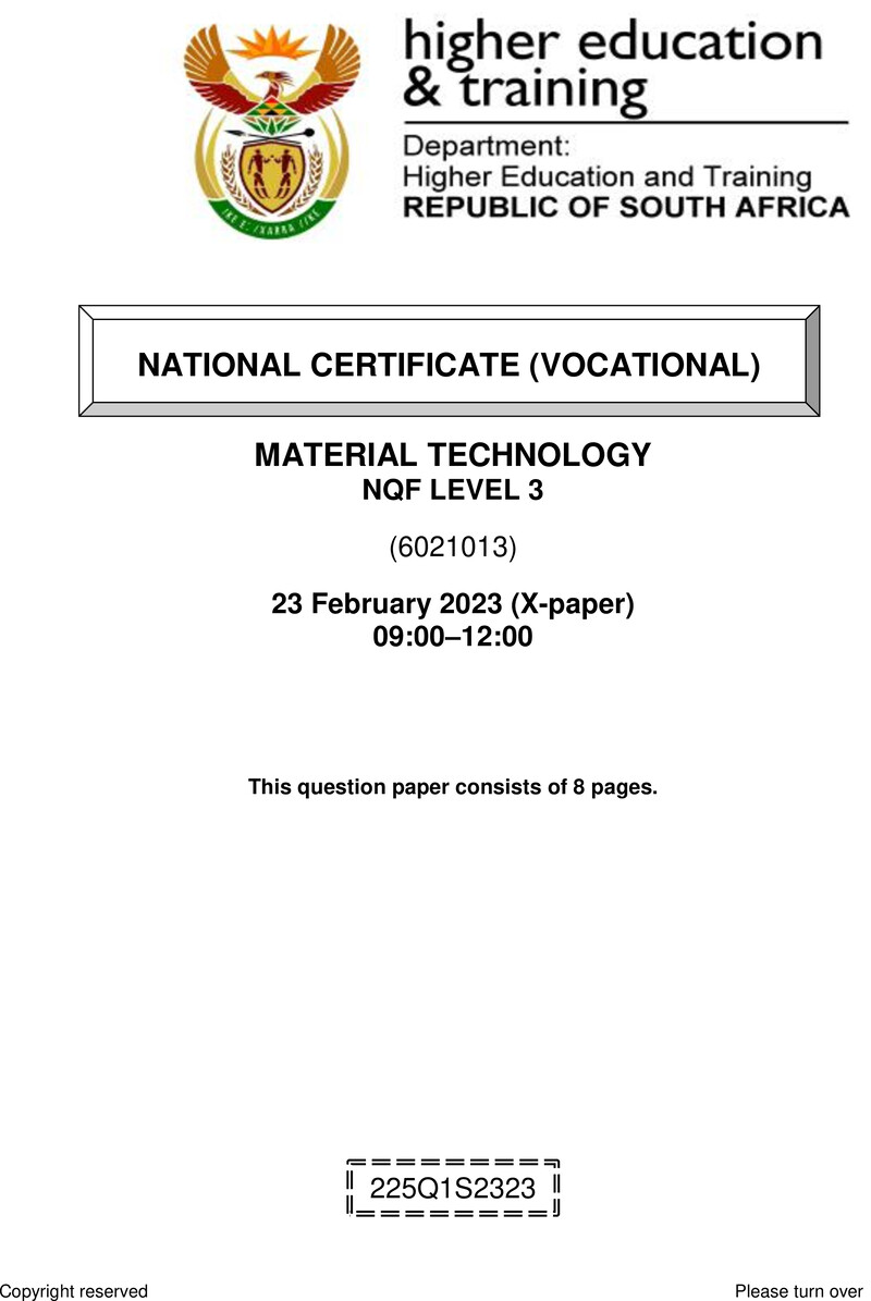 Material Technology Level 3 DHET NCV February 2023 Paper X - Question Paper