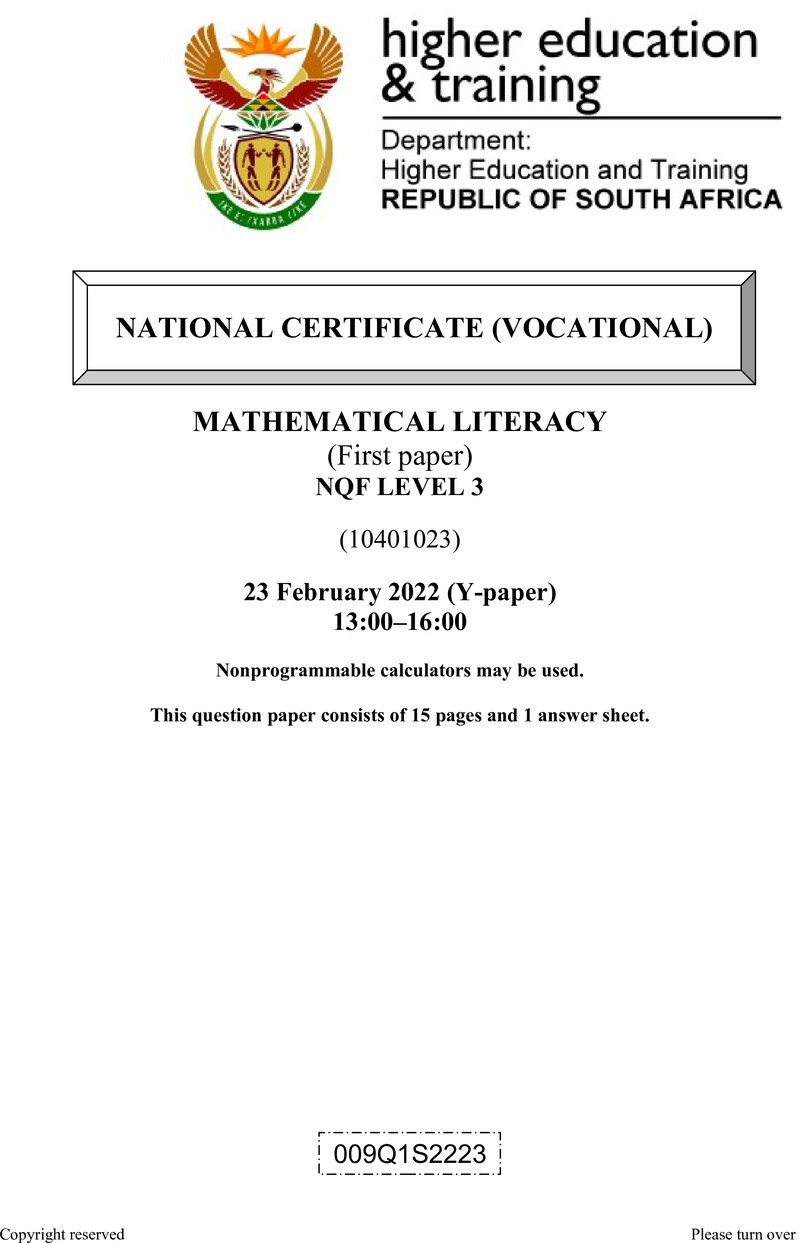Mathematical Literacy Level 3 DHET NCV February 2022 Paper Y - Question Paper