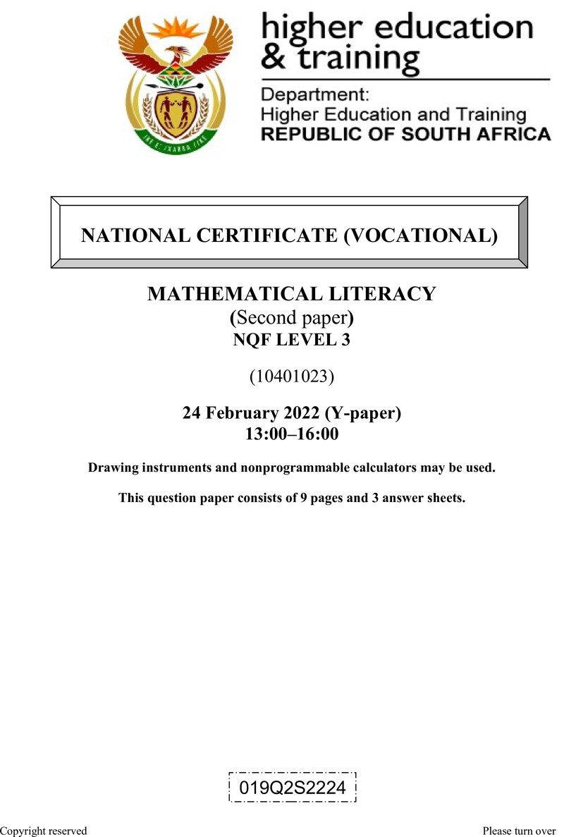 Mathematical Literacy Level 3 DHET NCV February 2022 Paper Y - Question Paper