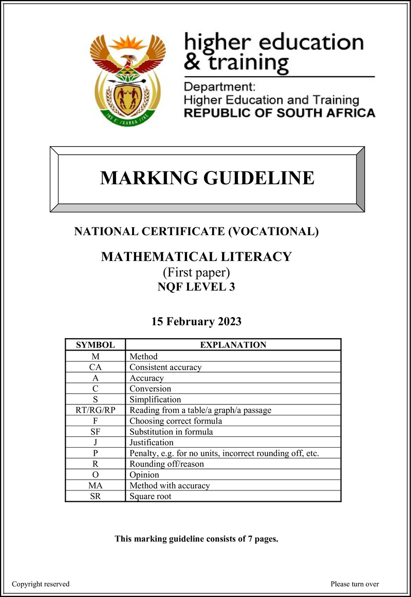 Mathematical Literacy Level 3 DHET NCV 2023 - Memo