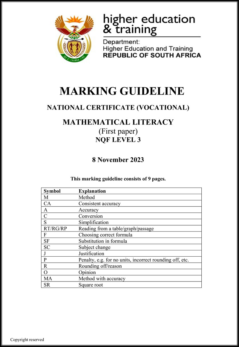 Mathematical Literacy Level 3 DHET NCV 2023 - Memo