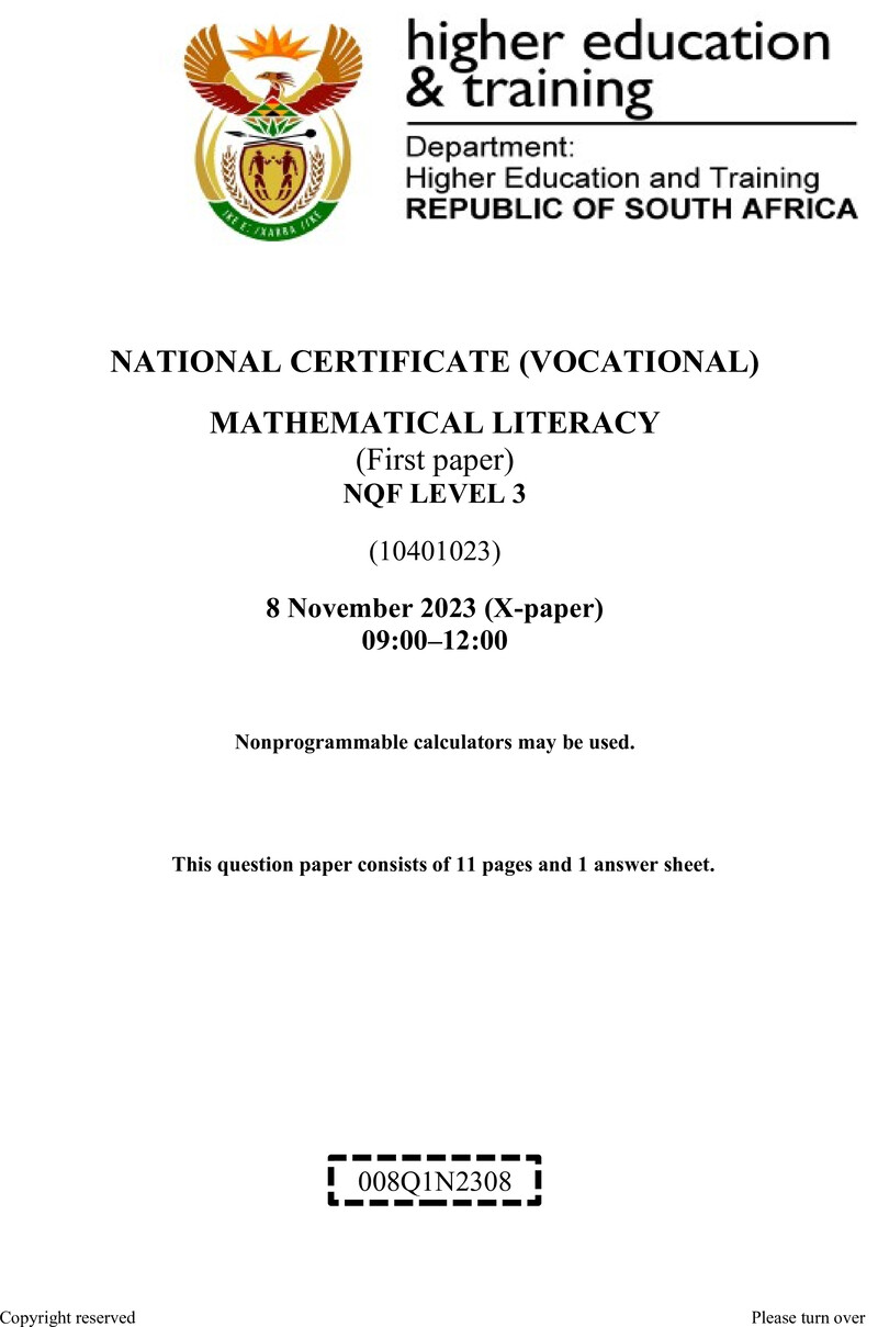 Mathematical Literacy Level 3 DHET NCV November 2023 Paper X - Question Paper