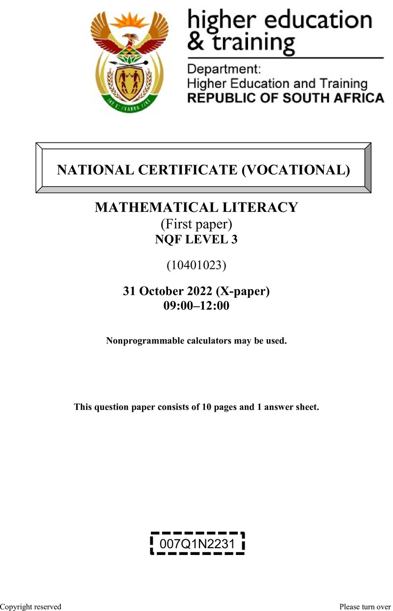 Mathematical Literacy Level 3 DHET NCV October 2022 Paper X - Question Paper