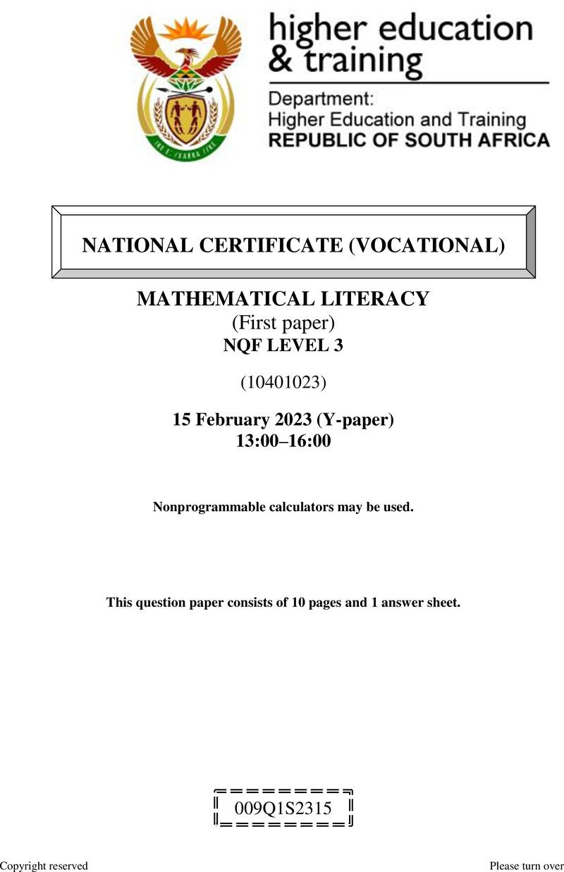 Mathematical Literacy Level 3 DHET NCV February 2023 Paper Y - Question Paper