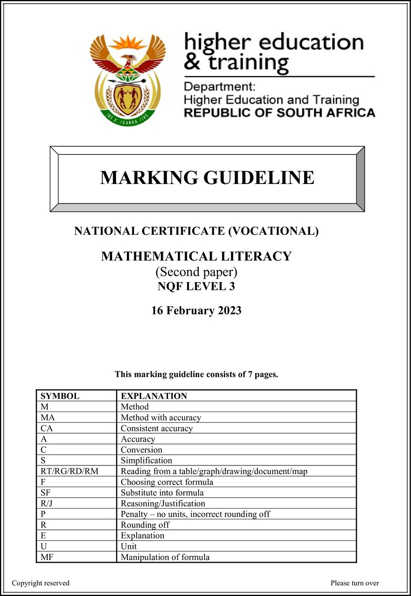 Mathematical Literacy Level 3 DHET NCV 2023 - Memo