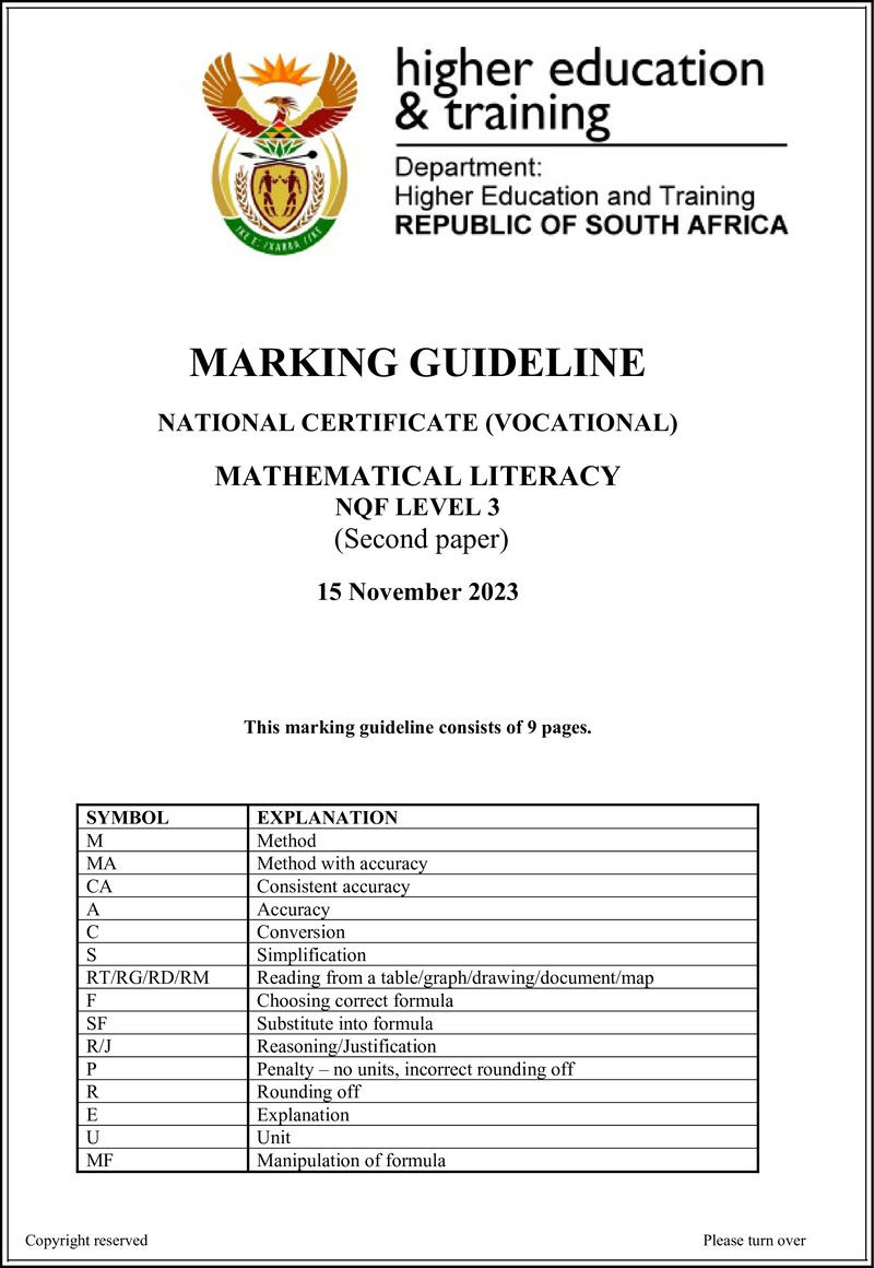 Mathematical Literacy Level 3 DHET NCV November 2023 - Memo