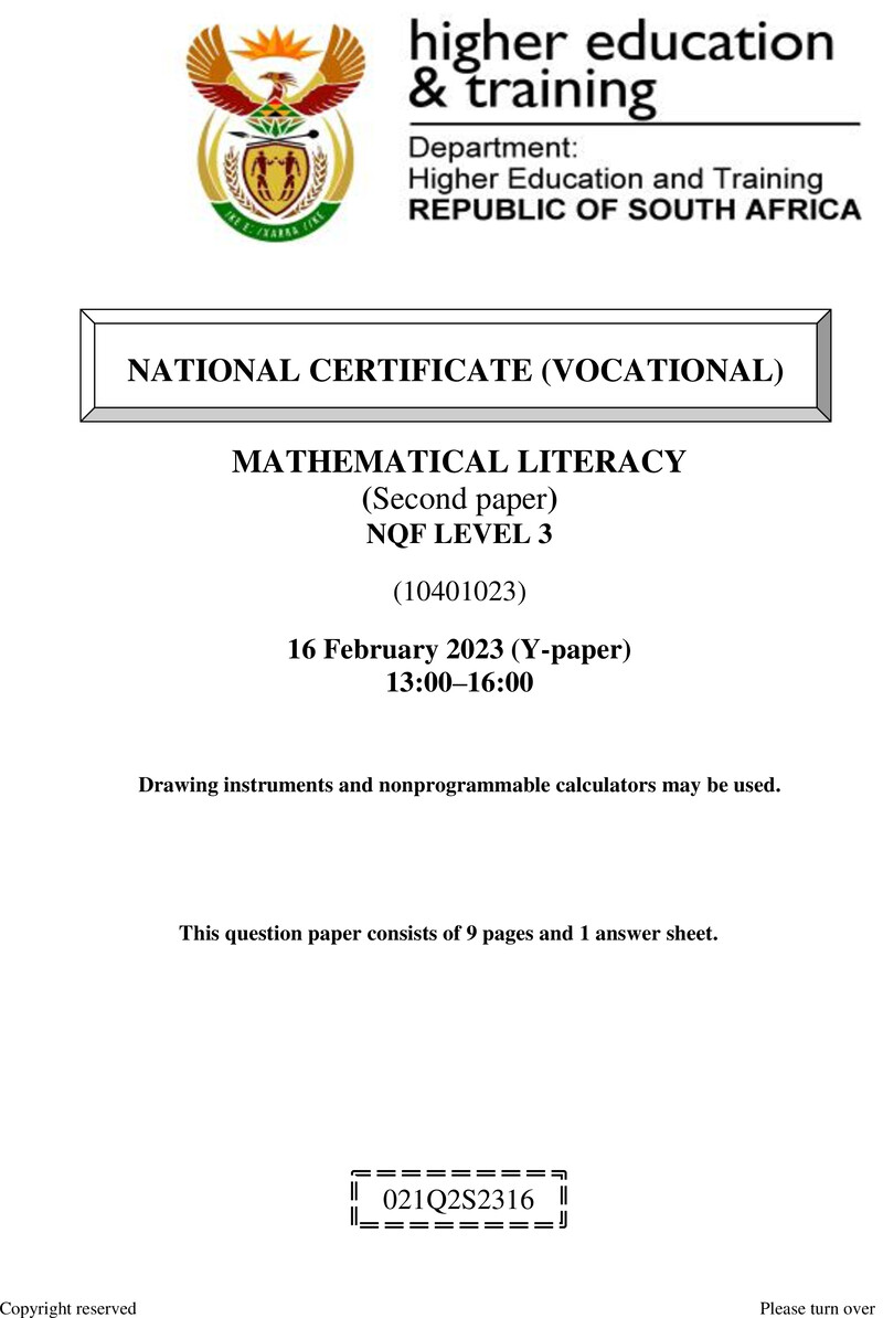 Mathematical Literacy Level 3 DHET NCV February 2023 Paper Y - Question Paper