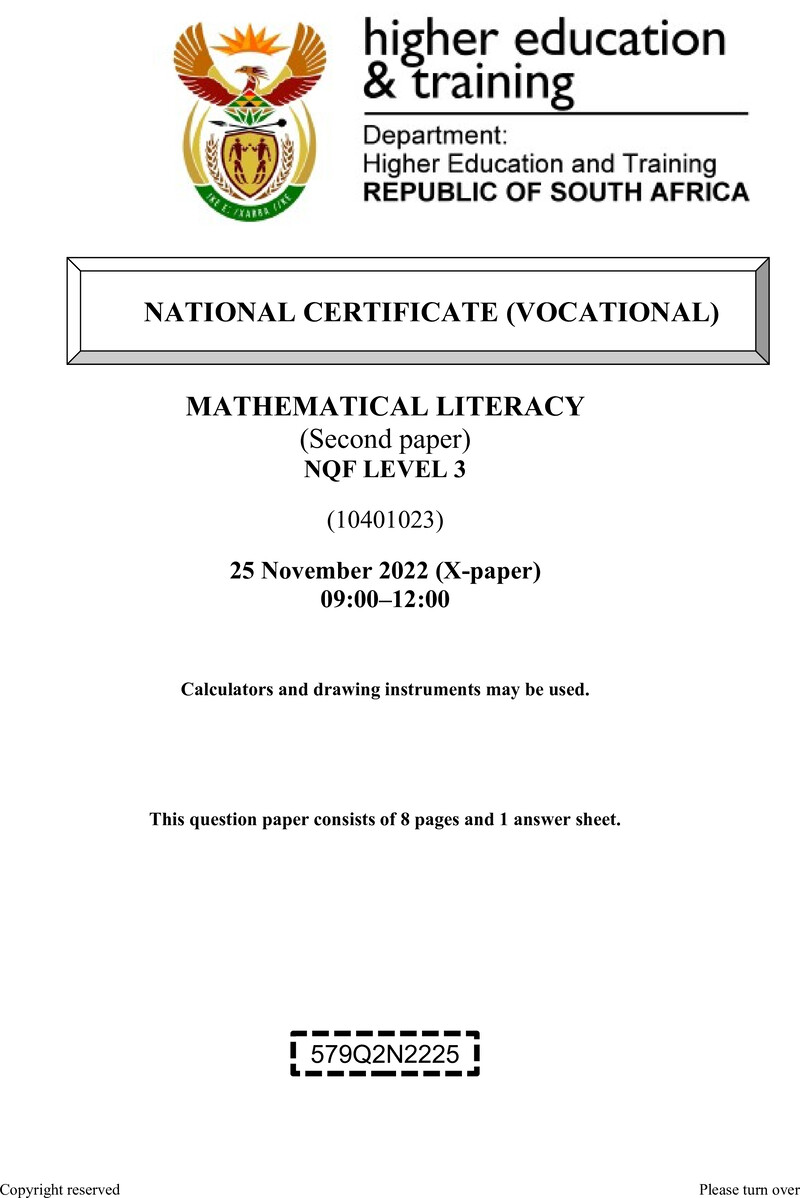 Mathematical Literacy Level 3 DHET NCV November 2022 Paper X - Question Paper