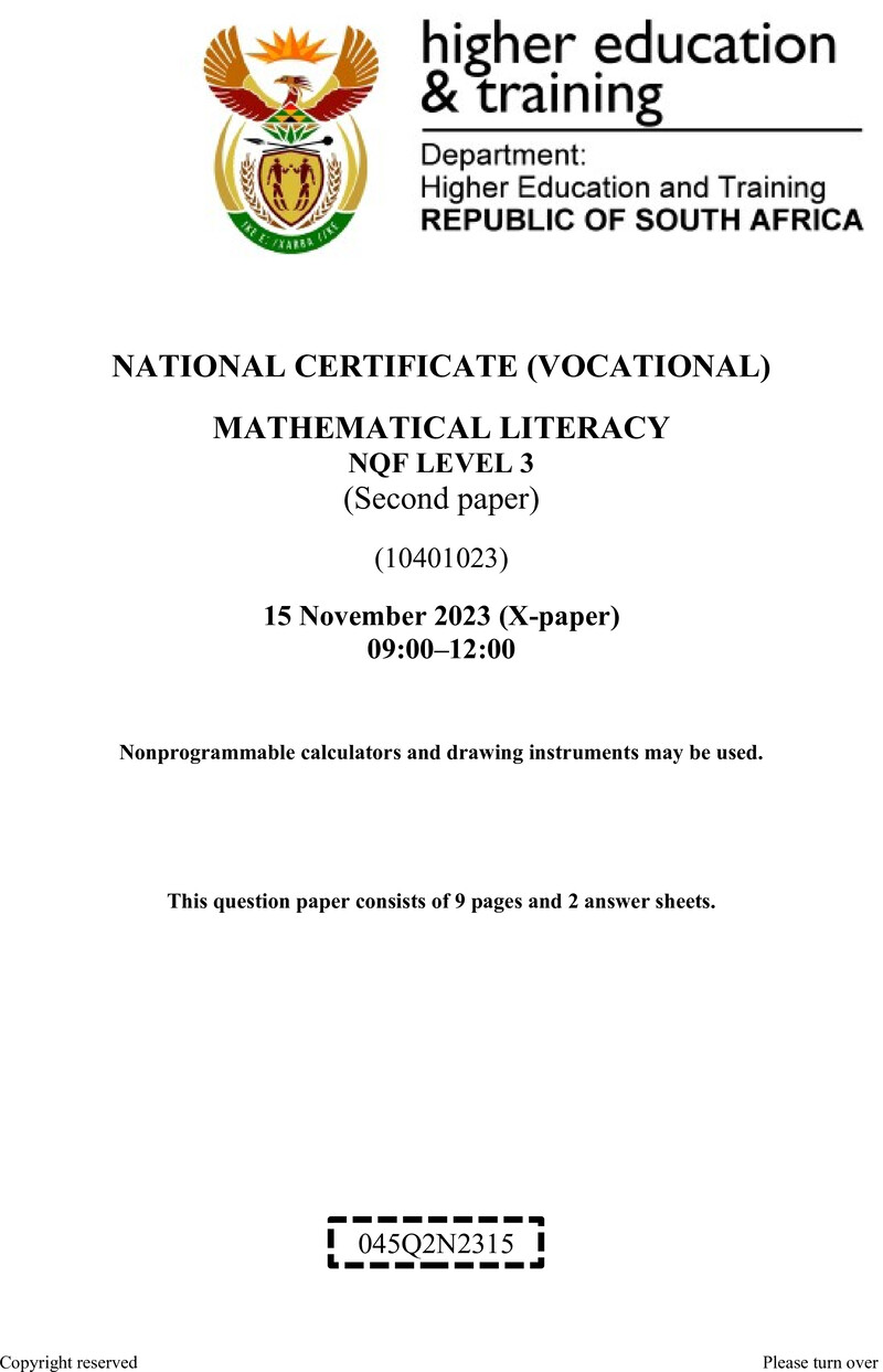Mathematical Literacy Level 3 DHET NCV November 2023 Paper X - Question Paper