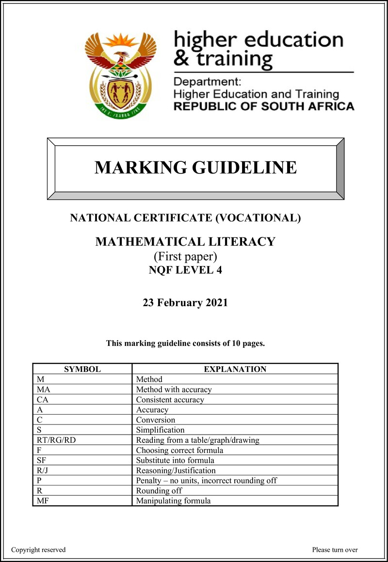 Mathematical Literacy Level 4 DHET NCV 2021 - Memo