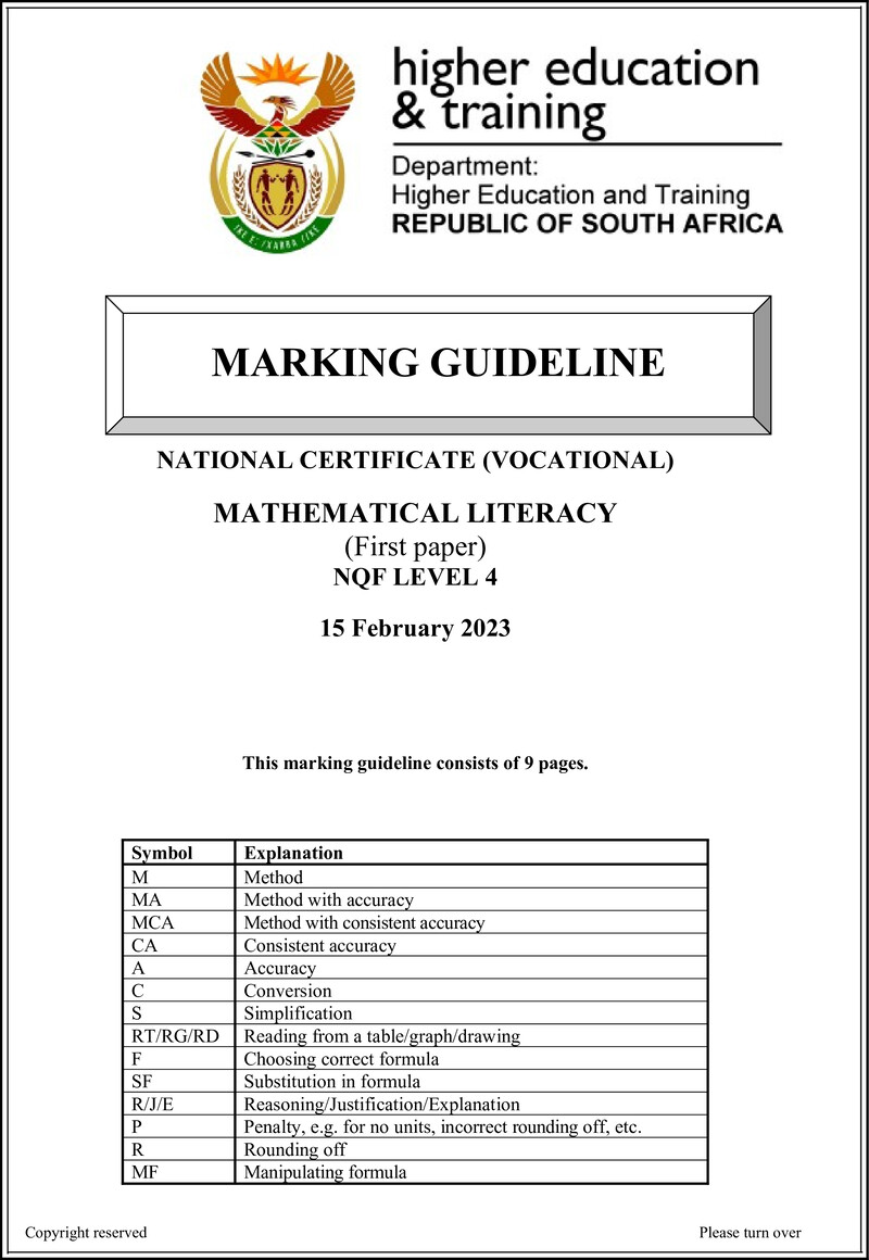Mathematical Literacy Level 4 DHET NCV 2023 - Memo