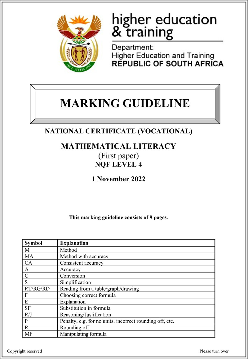 Mathematical Literacy Level 4 DHET NCV November 2022 - Memo