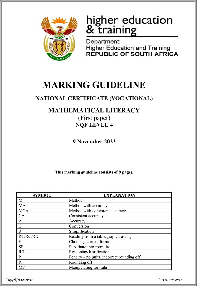 Mathematical Literacy Level 4 DHET NCV November 2023 - Memo