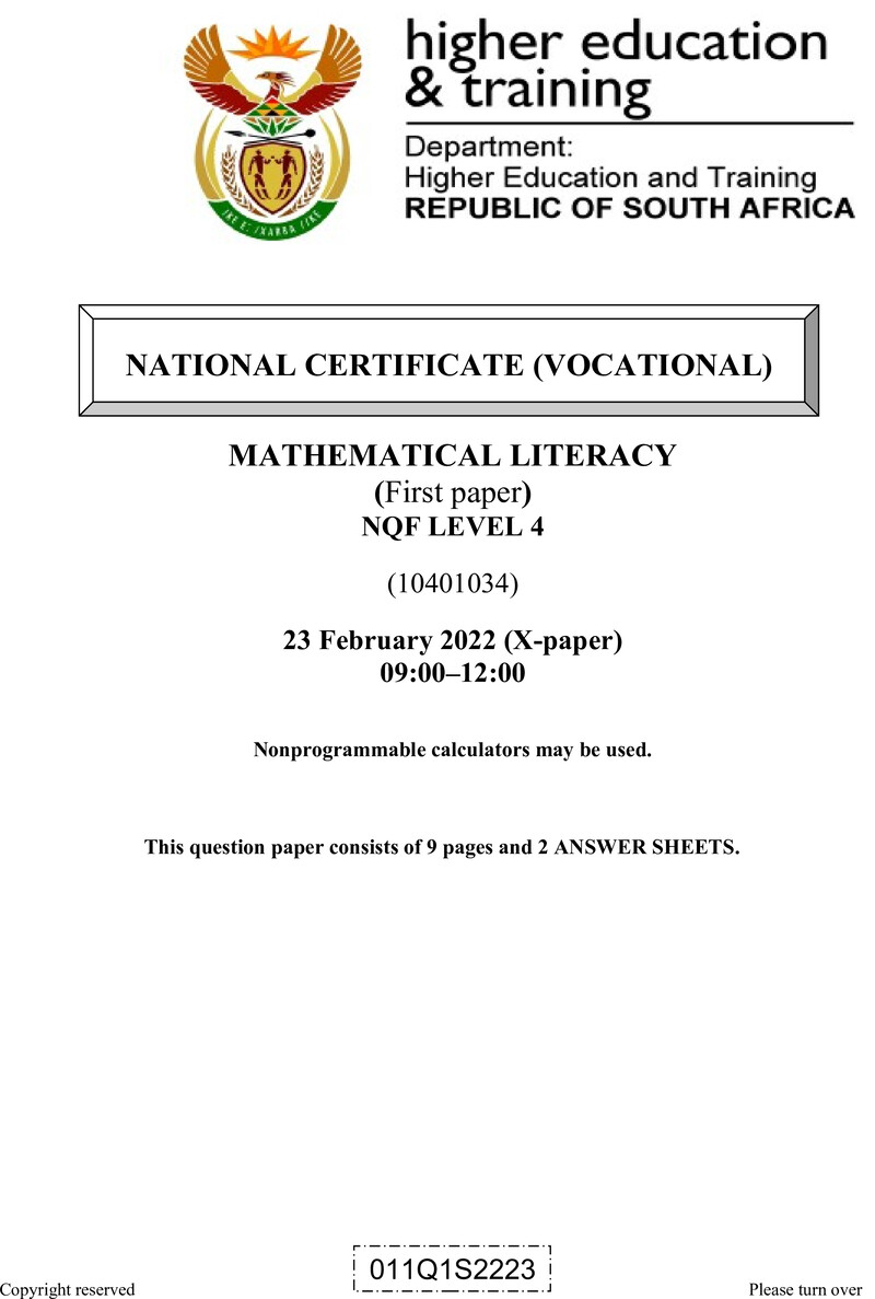 Mathematical Literacy Level 4 DHET NCV February 2022 Paper X - Question Paper