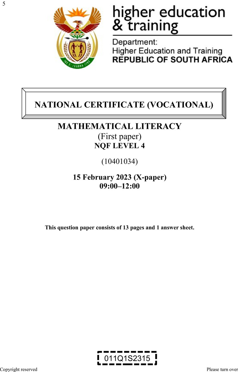 Mathematical Literacy Level 4 DHET NCV February 2023 Paper X - Question Paper