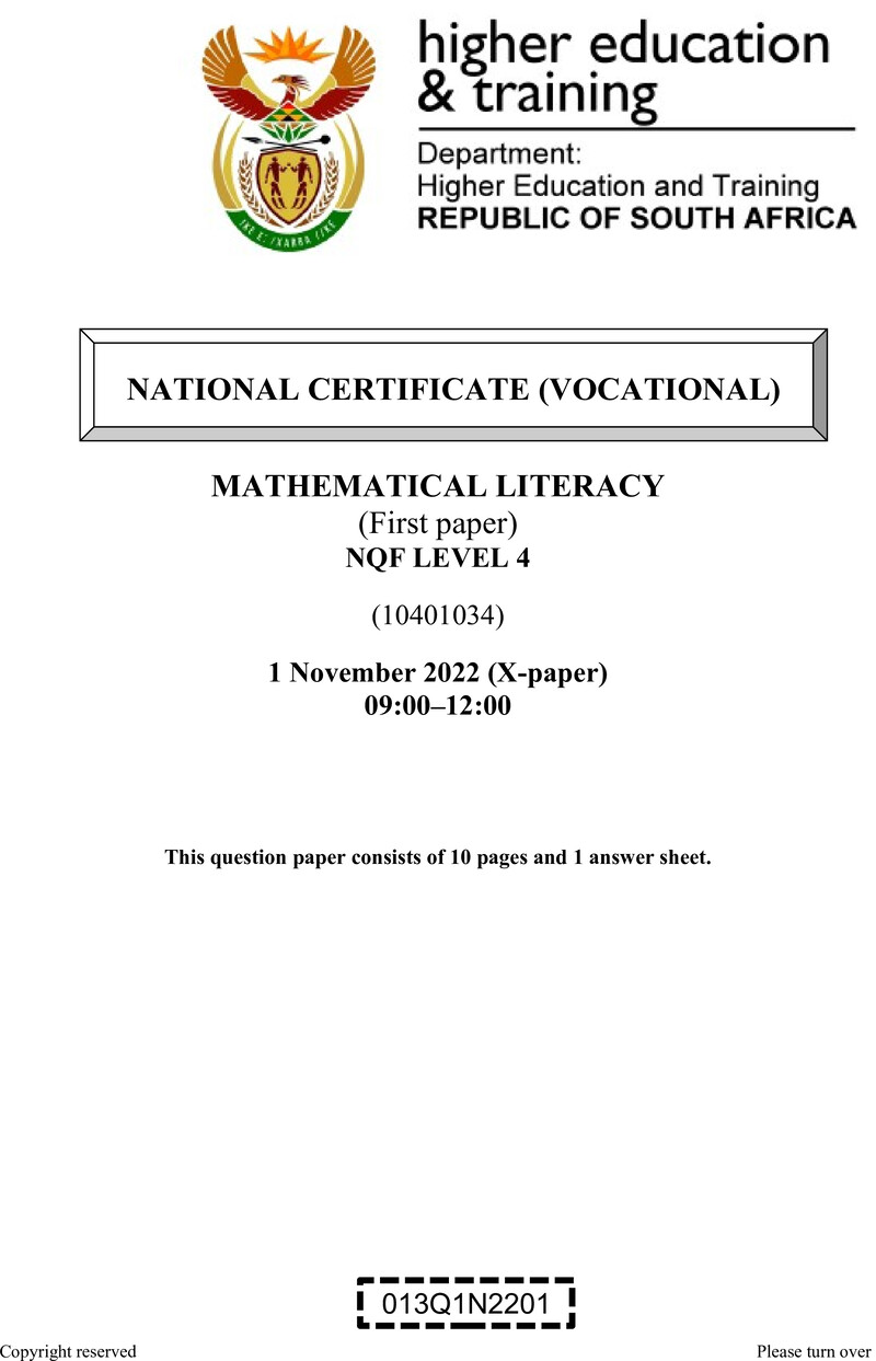 Mathematical Literacy Level 4 DHET NCV November 2022 Paper X - Question Paper