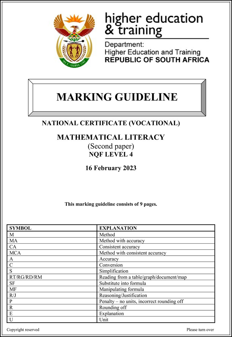 Mathematical Literacy Level 4 DHET NCV 2023 - Memo