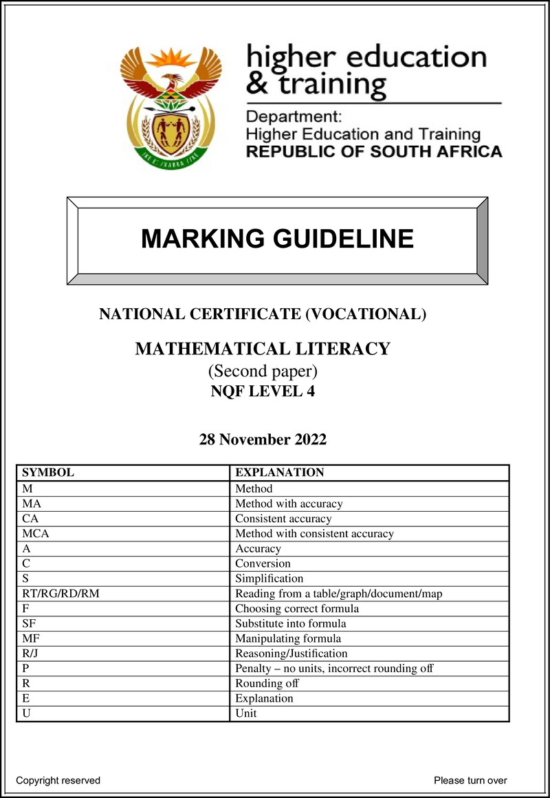 Mathematical Literacy Level 4 DHET NCV November 2022 - Memo