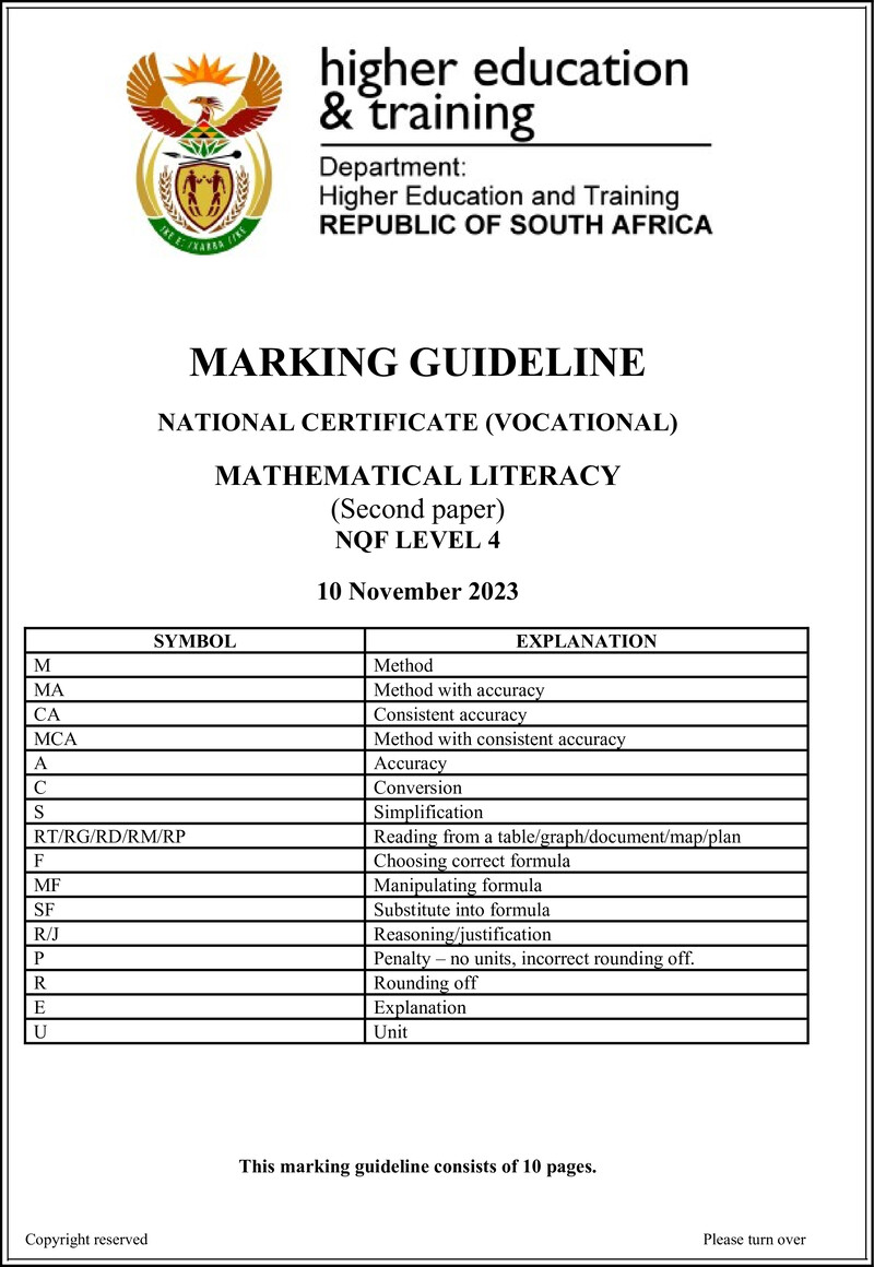 Mathematical Literacy Level 4 DHET NCV November 2023 - Memo