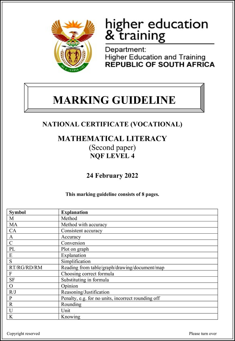 Mathematical Literacy Level 4 DHET NCV 2022 - Memo