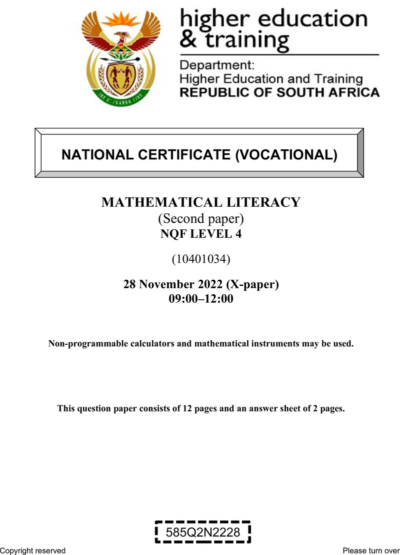 Mathematical Literacy Level 4 DHET NCV November 2022 Paper X - Question Paper