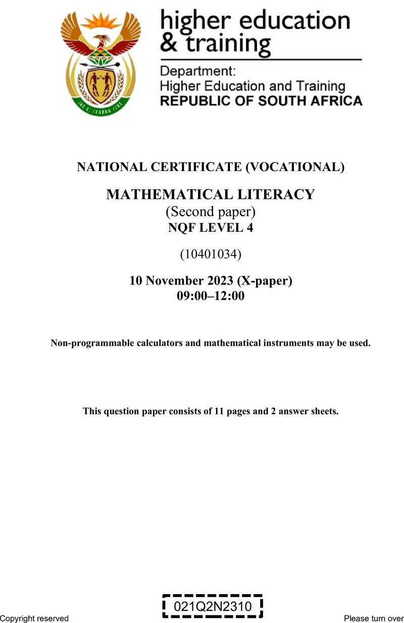 Mathematical Literacy Level 4 DHET NCV November 2023 Paper X - Question Paper