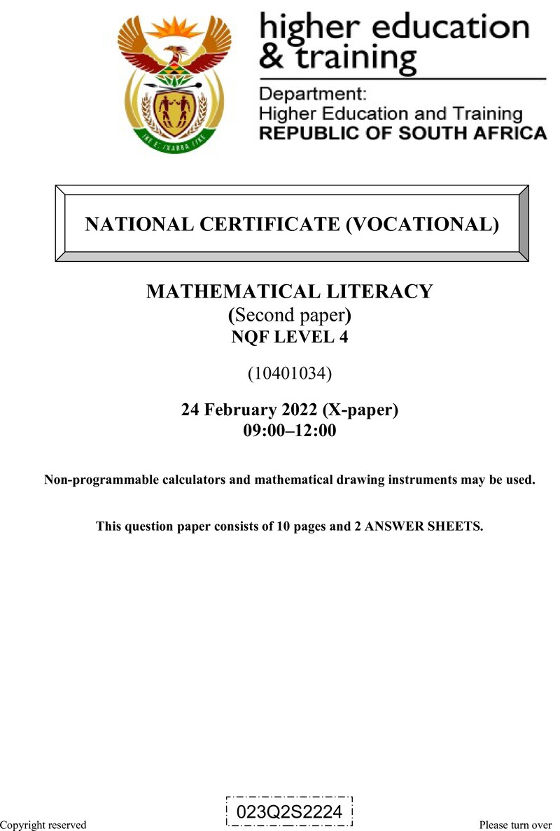 Mathematical Literacy Level 4 DHET NCV February 2022 Paper X - Question Paper